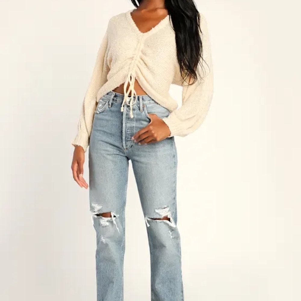 SAGE THE LABEL Home Bound Cream Ruched Long Sleeve Sweater Top Size L - Picture 7 of 13